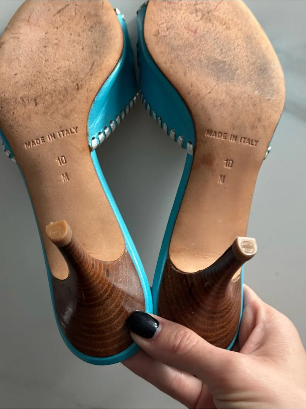 Michael Kors Made in Italy Turquoise Leather Whipstitch Heeled Slide Sandals 10